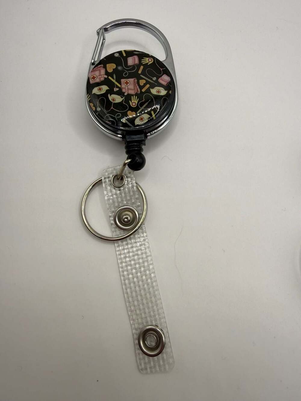 Retractable Nursing Theme ID Badge Reel with Carabiner Clip and Clear Vinyl Stra
